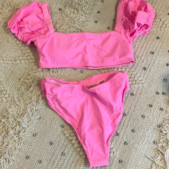 Shein Puff Sleeve Tie Front Tee Bikini Swimsuit pink - Picture 4 of 6